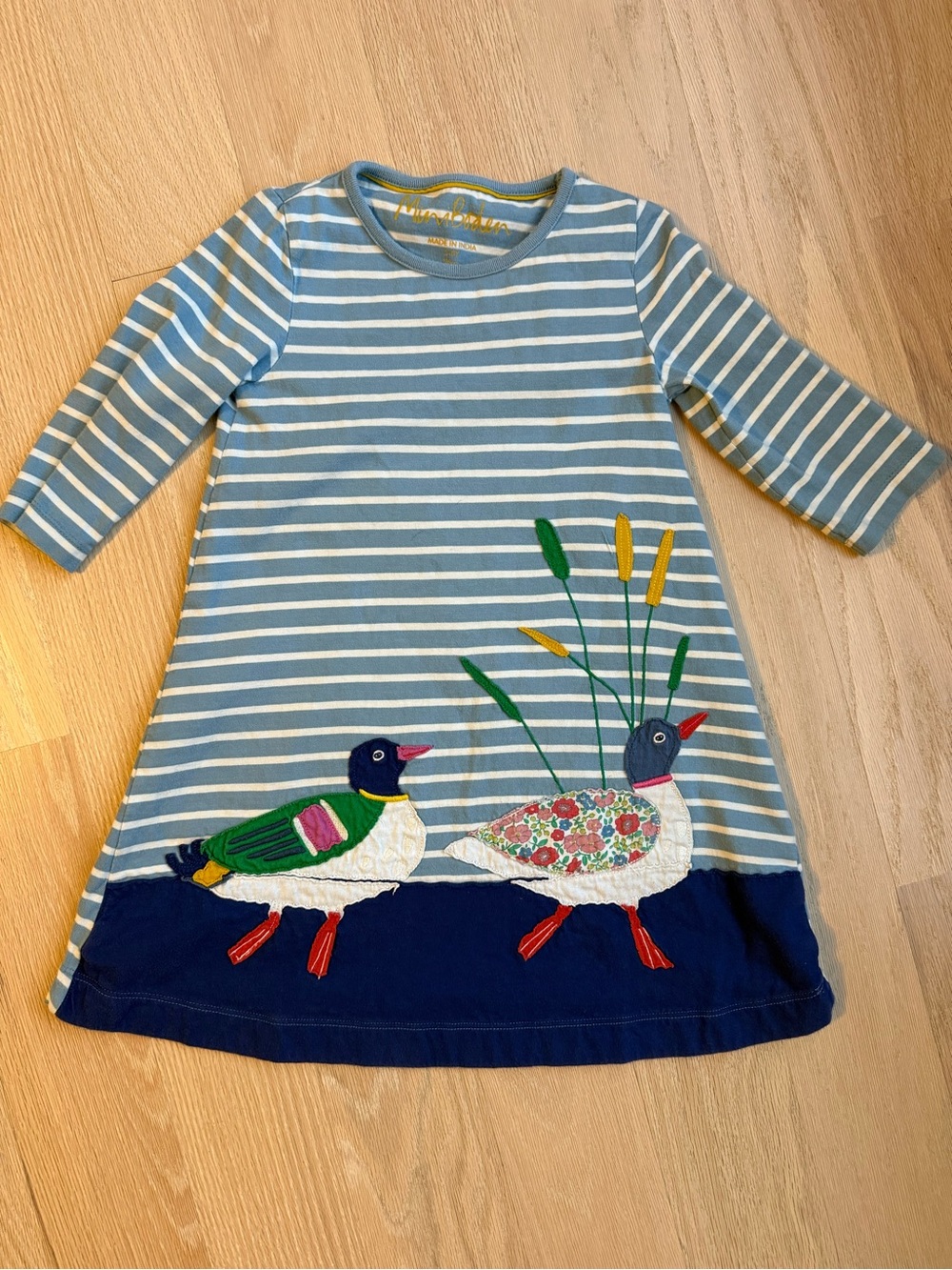 Mini Boden Striped Blue & White Kids Dress with Duck Appliqué